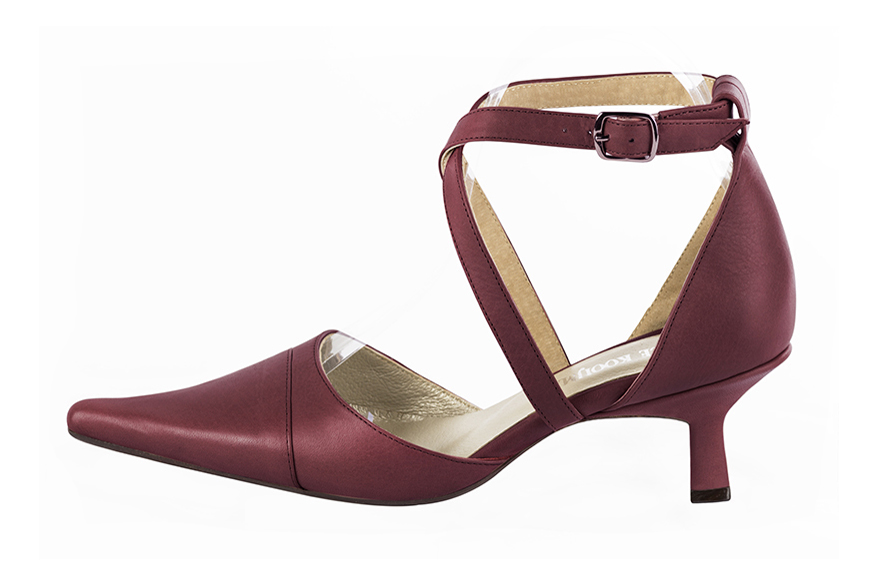 Burgundy red women's open side shoes, with crossed straps. Pointed toe. Medium spool heels. Profile view - Florence KOOIJMAN